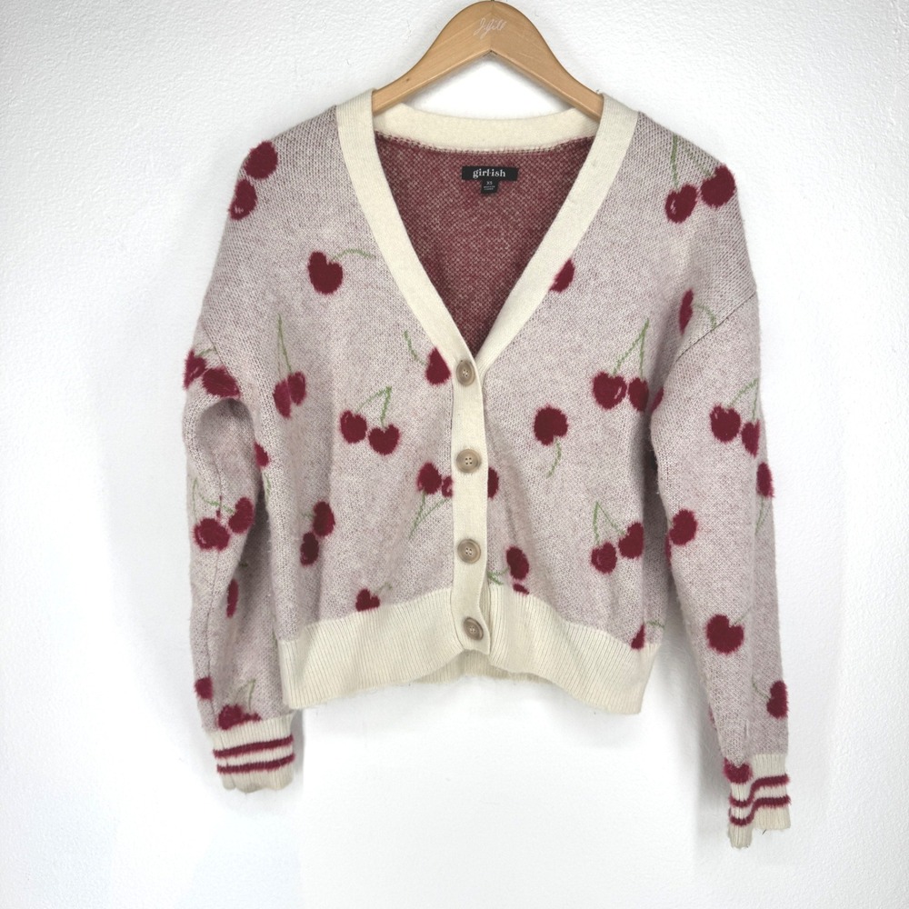 Girlish Cherry Fuzzy Cardigan Sweater Cream Red XS Button Varsity Baggy Novelty
